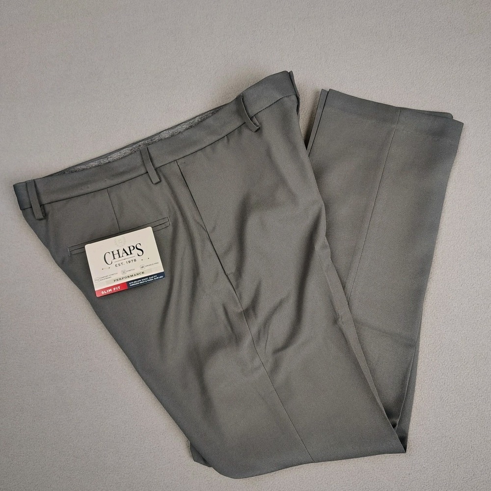 New Chaps Ralph Lauren Dress Pants Men 32x30 Gray Pleated Trouser Stretch Slim‎